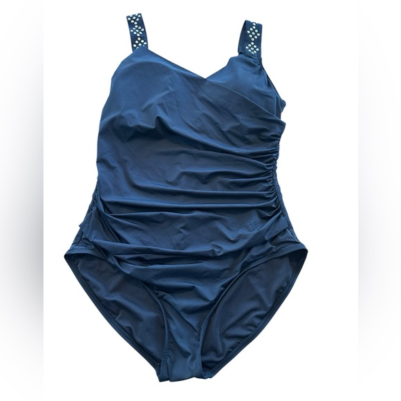 NWT Jantzen Black Tummy Control Ruched One Piece Gold Stud Strap Sz 16 Draped - Picture 12 of 14